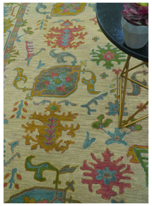 Beige And Colorful Traditional Oushak Hand Tufted 8x10 ft Bedroom, Living Room Rug Wool Area Rug
