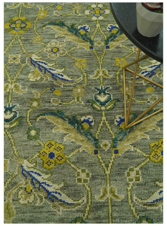 Custom Made Hand Knotted Olive, Green And Blue Traditional Floral Wool Area Rug