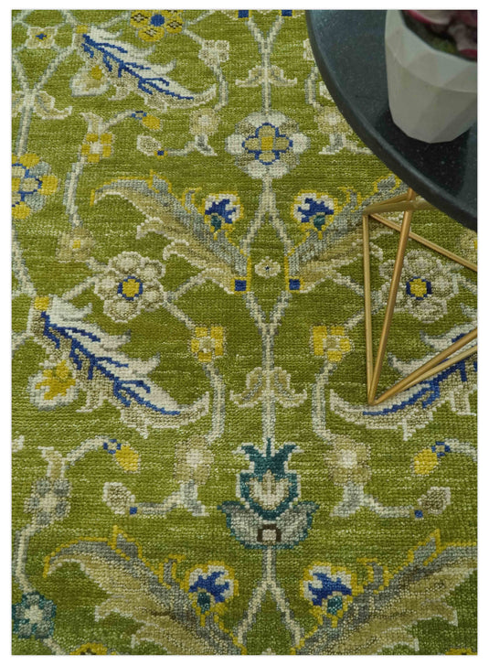 Custom Made Green And Blue Hand Knotted Traditional Floral Wool Area Rug