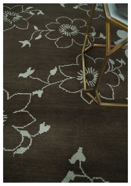 Floral Handloom Brown and Ivory 5.9x7.8 ft Bedroom, Living Room Rug Wool Area Rug