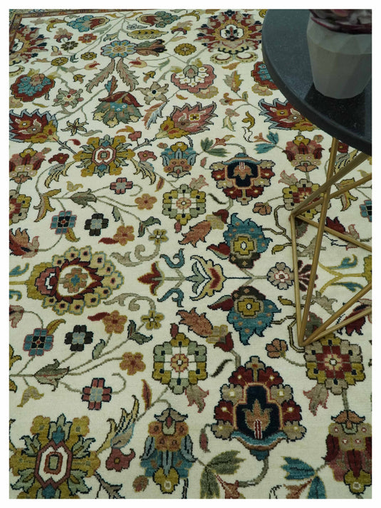 Antique Ivory, Brown, Olive And Blue Traditional Floral Hand Knotted Wool Rug 9x12 ft Ideal for Living, Bedroom And Dining Rooms | CP1788912