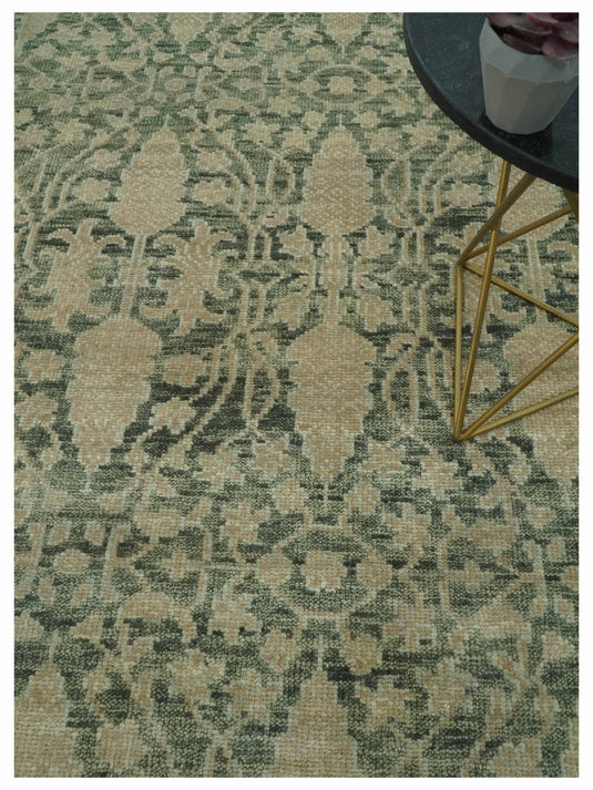 Antique Traditional Hand Knotted Green, Brown And Beige Wool Rug 8x10 ft Ideal for Living, Bedroom And Dining Rooms