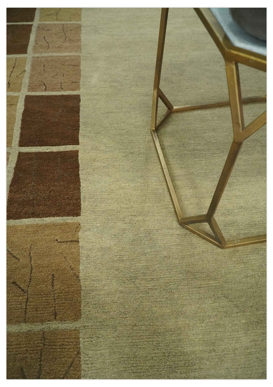 Modern Geometrical Hand knotted Olive, Brown and Beige 4x6 ft Bedroom, Living Room Rug Wool Area Rug