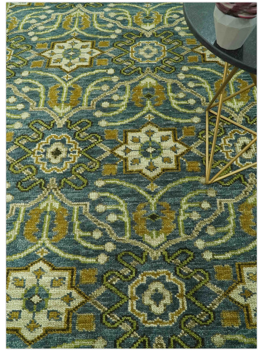 Custom Made Traditional Motifs Blue And Olive Hand Knotted Wool Area Rug