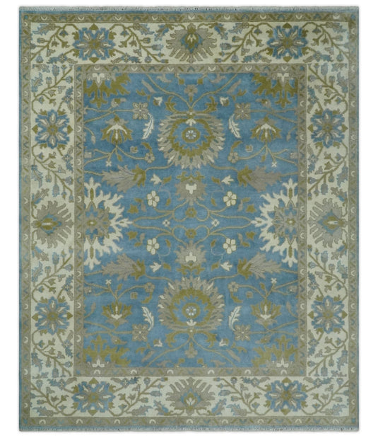 Traditional Persian Oushak Hand knotted Blue, Ivory and Olive 8x10 wool Area Rug