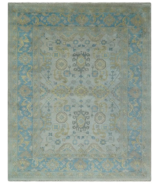 Traditional Persian Floral Oushak Hand knotted Ivory, Blue and Beige 8x10 wool Area Rug