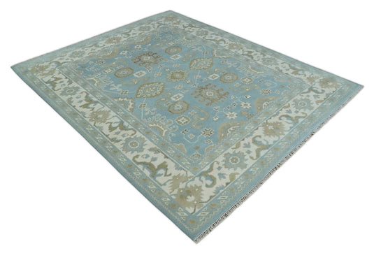 Traditional Persian Oushak Hand knotted Aqua, Ivory and Olive 8x10 wool Area Rug