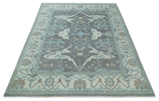 Traditional Persian Oriental Oushak Hand knotted Charcoal, Ivory and aqua 8x10 wool Area Rug