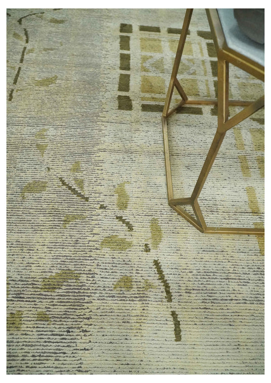 Modern Geometrical Floral Hand Knotted Olive and Ivory 4x6 ft Bedroom, Living Room Rug Wool and Art Silk Area Rug