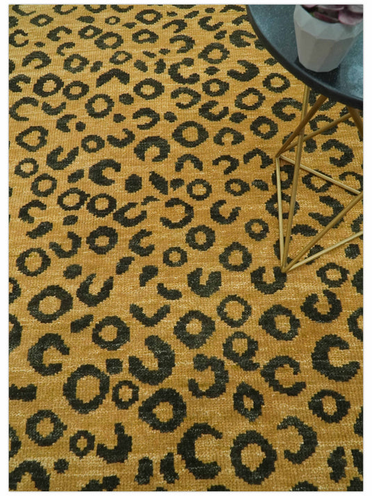 Golden-Brown And Charcoal Modern Leopard Hand Knotted Wool Rug 8x10 ft Ideal for Living, Bedroom And Dining Rooms