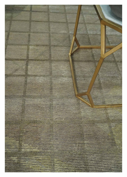 Modern Geometrical Hand Knotted Olive, Brown and Beige 5x8 ft Bedroom, Living Room Rug Wool and Art Silk Area Rug