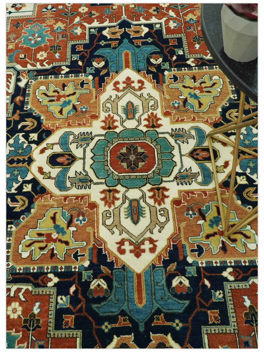 Hand Knotted Traditional Herati Maroon, Cream, Teal And Beige Wool Rug 9X12 ft Ideal for Living, Bedroom And Dining Rooms | CP2447912