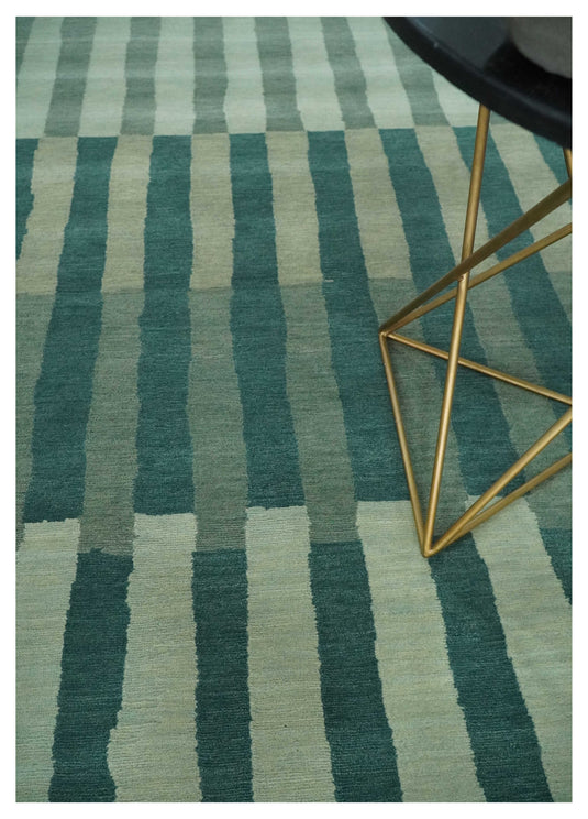 Modern Geometrical Pattern Hand Knotted Teal, Gray and Ivory 5x8 ft Bedroom, Living Room Rug Wool Area Rug