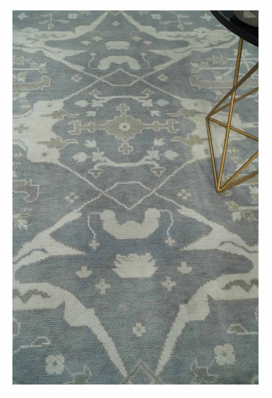 Traditional 8x10 Hand Knotted Charcoal, Ivory and Beige Oriental Oushak Wool Area Rug