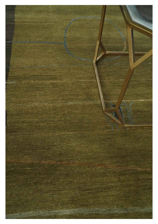 Modern Geometrical Hand Knotted Olive and Charcoal 5x8 ft Bedroom, Living Room Rug Wool and Viscose Area Rug