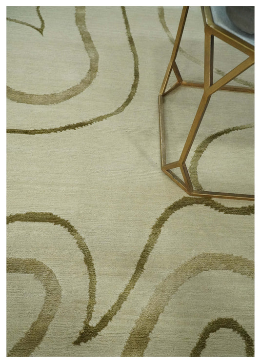 Swirl Pattern Hand Knotted Beige and Olive 5x8 ft Bedroom, Living Room Rug Wool and Art Silk Area Rug