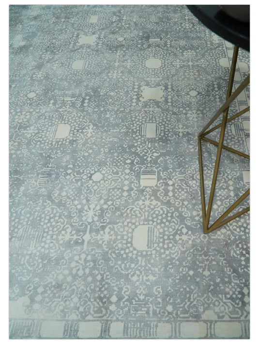 Traditional Gray And Ivory Handloom 5.5x8 ft Bedroom, Living Room Rug Wool And Viscose Area Rug