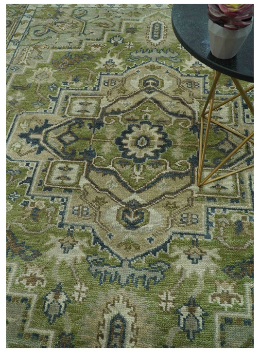 Custom Made Traditional Hand Knotted Green, Silver And Charcoal Wool Area Rug