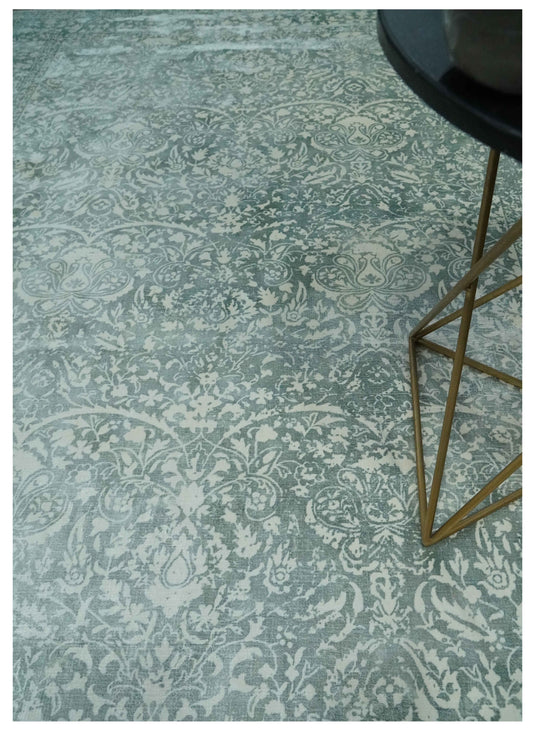 Traditional Floral Green And Ivory Handloom 5.6x8 ft Bedroom, Living Room Rug Wool And Viscose Area Rug