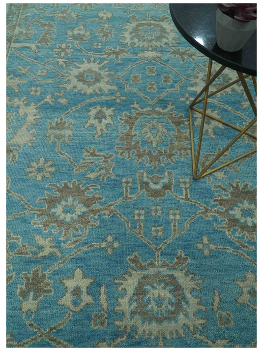 Traditional Oushak Teal, Gray And Charcoal Hand Knotted Wool Rug 8x10 ft Ideal for Living, Bedroom And Dining Rooms
