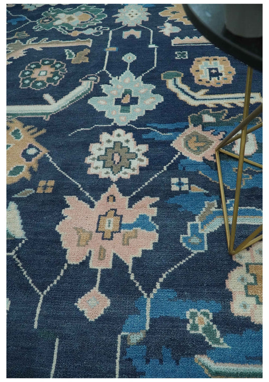 Traditional Floral Pattern Blue, Beige, Peach and Navy Blue Hand Knotted 8x10 ft wool Area Rug