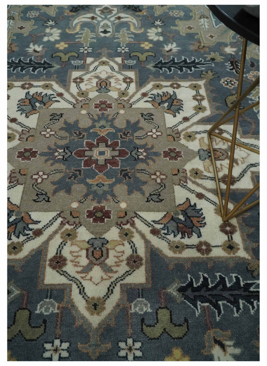 Hand Knotted Heriz Serapi Rug Blue Ivory and Olive Ideal for Living, Bedroom, and Dining Rooms 5x8, 6x9, 8x10, 9x12 and 10x14 Wool Rug | CP1723