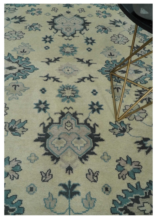 Traditional 8x10 Beige and Blue Hand Knotted Oriental Oushak Wool Area Rug