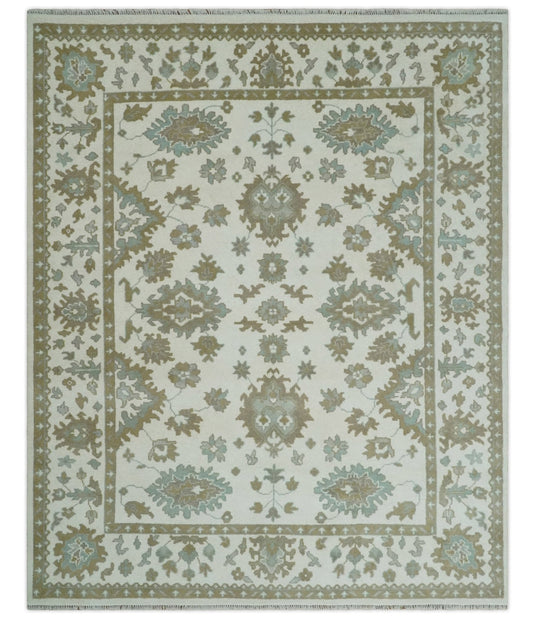 Traditional Persian Oushak Hand knotted Ivory, Beige and Aqua 8x10 wool Area Rug