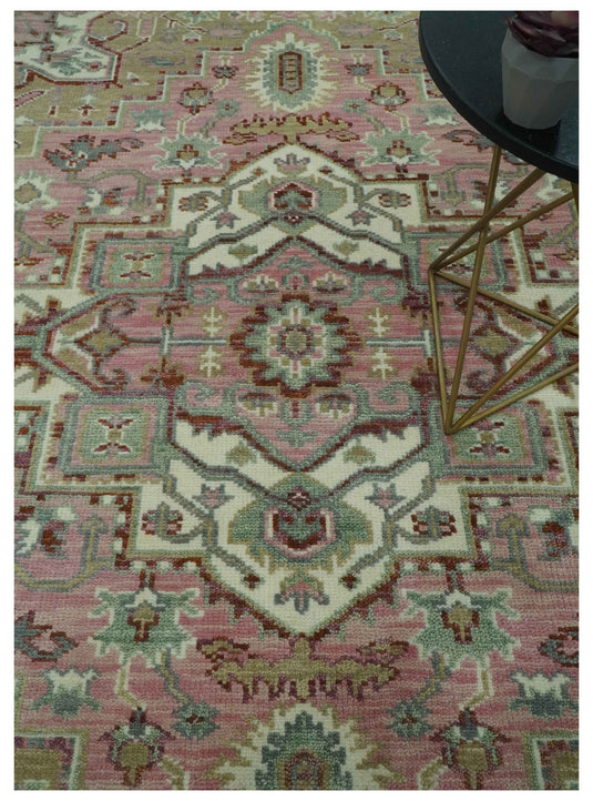 Custom Made Traditional Heriz Pink, Olive And Ivory Hand Knotted Wool Area Rug