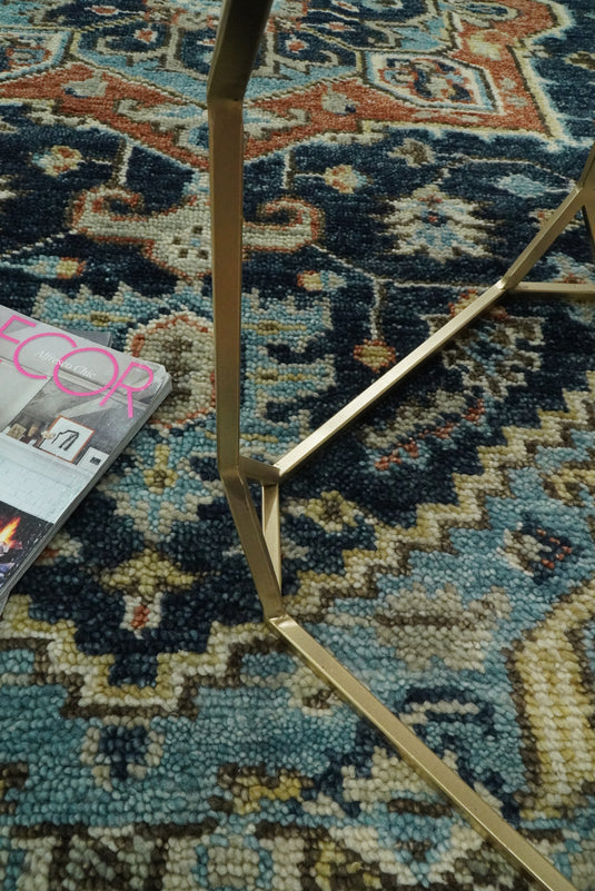 Traditional Heriz Hand knotted Blue and Rust 9x12 ft Bedroom, Living Room Rug ,wool Area Rug