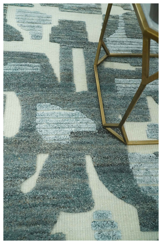 Modern Abstract Patten Ivory, Charcoal And Gray Hand Knotted 5x8 ft Bedroom, Living Room Rug Wool Area Rug