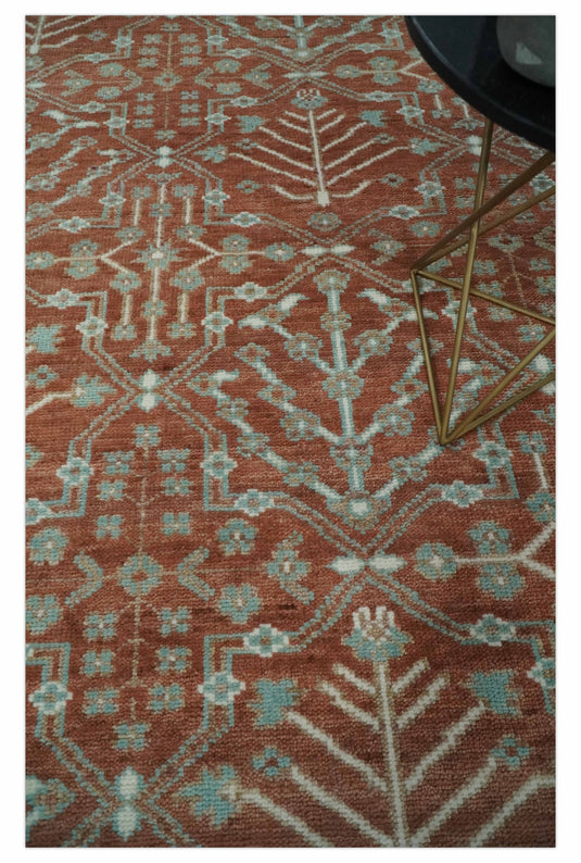 Turkish Floral Rust and Aqua Hand knotted 8x10 wool Area Rug