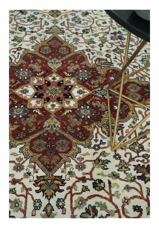 Premium look Hand knotted Ivory, Rust and Gold 8x10 Traditional Heriz Serapi wool Area Rug