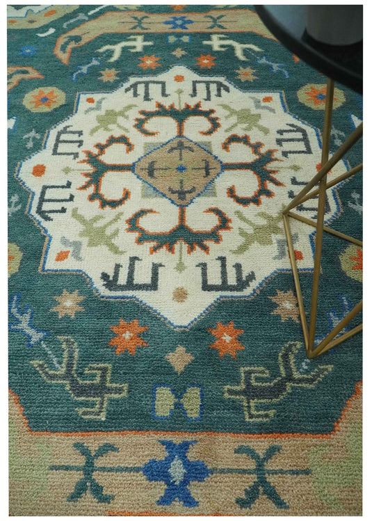 Central Medallion Teal, Beige, Olive And Blue Hand Knotted 8x10 ft wool Area Rug