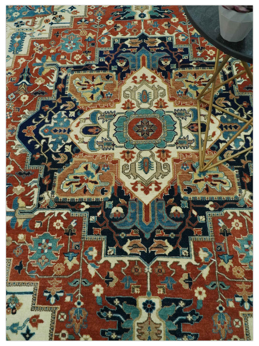 Hand Knotted Rust, Ivory And Teal Traditional Heriz Wool Rug 8x10 ft Ideal for Living, Bedroom And Dining Rooms