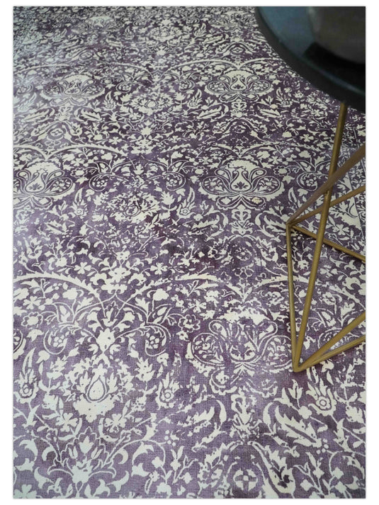 Traditional Floral Purple And Ivory Handloom 5.6x8 ft Bedroom, Living Room Rug Wool And Viscose Area Rug