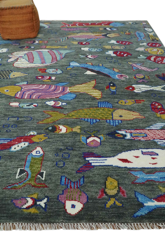 Modern Fish Life Multi Size Hand knotted Gray Wool Area Rug | CP1333