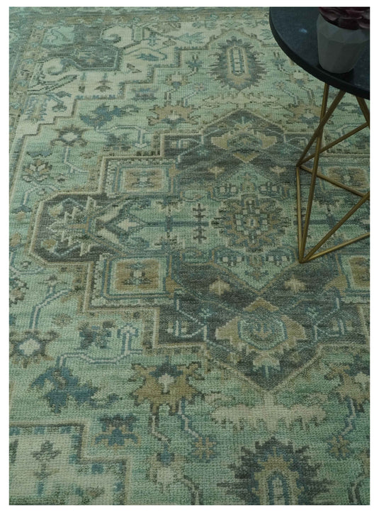 Traditional Heriz Green, Silver And Taupe Antique Style Hand Knotted Wool Rug 8x10 ft Ideal for Living, Bedroom And Dining Rooms