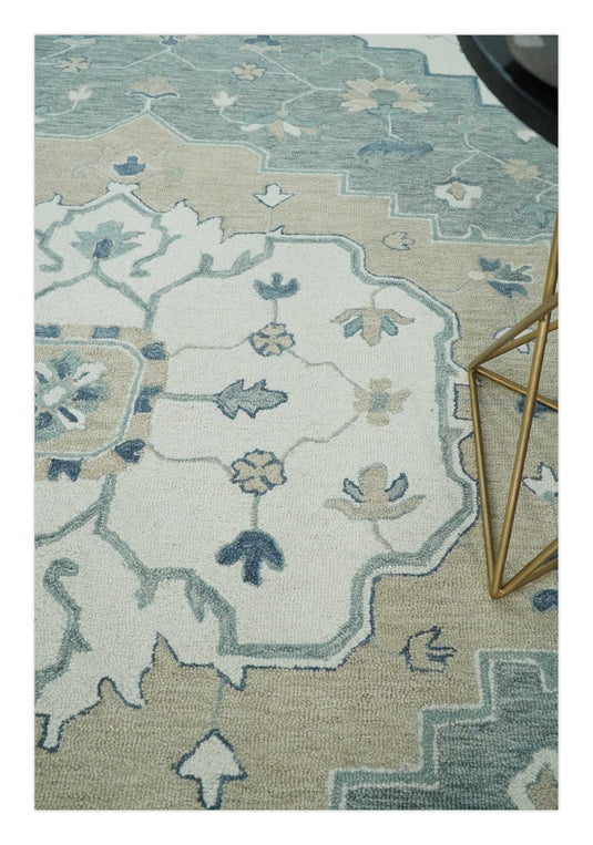 Traditional Medallion Gray And Ivory Hand Tufted Wool Area Rug- (FC)