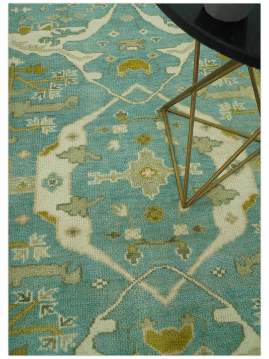 Hand Knotted Oriental Oushak Aqua, Olive And Ivory Rug 6x9 ft Ideal for Living, Bedroom And Dining Rooms | CP38345