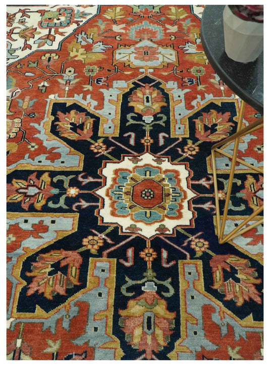 Hand Knotted Black, Ivory, Olive And Rust Traditional Wool Rug 9x12 ft Ideal for Living, Bedroom And Dining Rooms | CP2473912