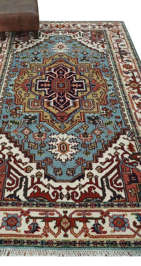 Hand Knotted Heriz Serapi Rug Aqua Blue, Ivory and Rust 5x8, 4x6, 3x5 ft Ideal for Living, Bedroom, and Dining Rooms | CP1880S