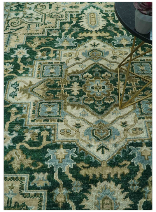 Green, Beige And Ivory Traditional Heriz Hand Knotted Wool Rug 8x10 ft Ideal for Living, Bedroom And Dining Rooms