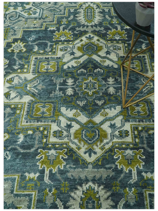 Antique Style Traditional Heriz Green and Gray Hand Knotted Wool Rug 8x10 ft Ideal for Living, Bedroom And Dining Rooms