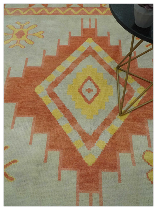 Southwestern Peach, Silver And Yellow Hand knotted Wool Rug 8x10 ft Ideal for Living, Bedroom And Dining Rooms