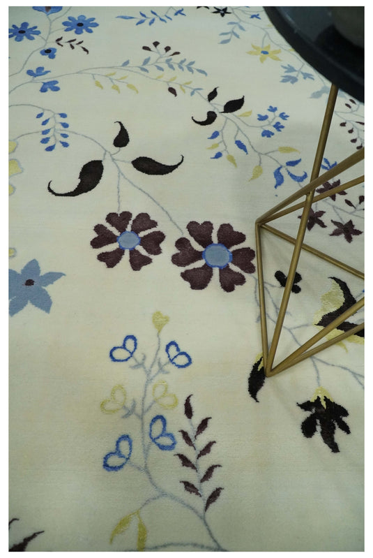 Floral Pattern Ivory, Light Blue, Brown And Charcoal Hand Knotted 6.6x10 ft Bedroom, Living Room Rug Wool Area Rug