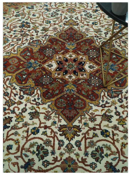 Hand Knotted Traditional Herati Ivory, Rust, Blue And Gold Wool Rug 8x10 ft Ideal for Living, Bedroom And Dining Rooms | CP2427810