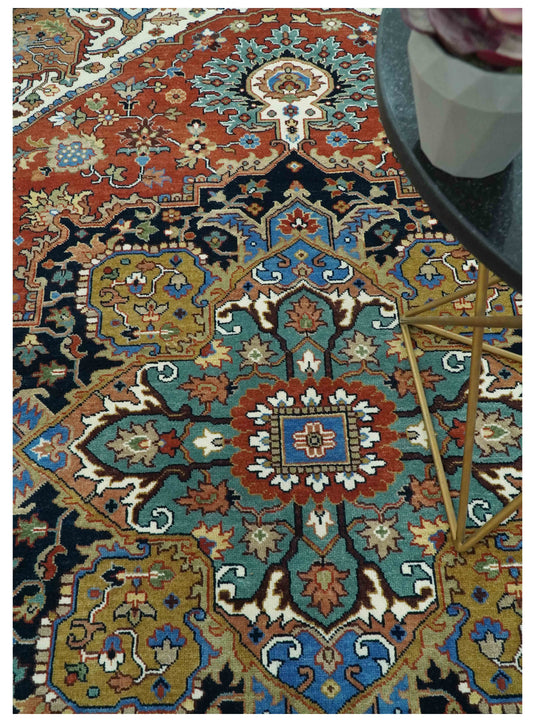 Hand Knotted Traditional Antique Herati Rust, Black, Teal And Olive Wool Rug 8x10 ft Ideal for Living, Bedroom And Dining Rooms | CP2454810