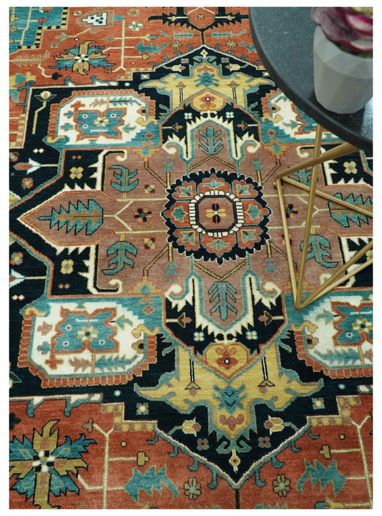Hand Knotted Traditional Herati Teal, Black, Rust And Gold Wool Rug 8x10 ft Ideal for Living, Bedroom And Dining Rooms | CP2455810