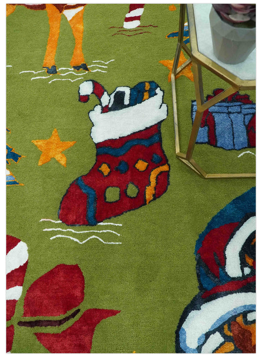 Colorful Christmas Theme Green, Gold, Blue, White And Red Hand Tufted 2x3 ft Bedroom, Kids Room Rug Wool Area Rug